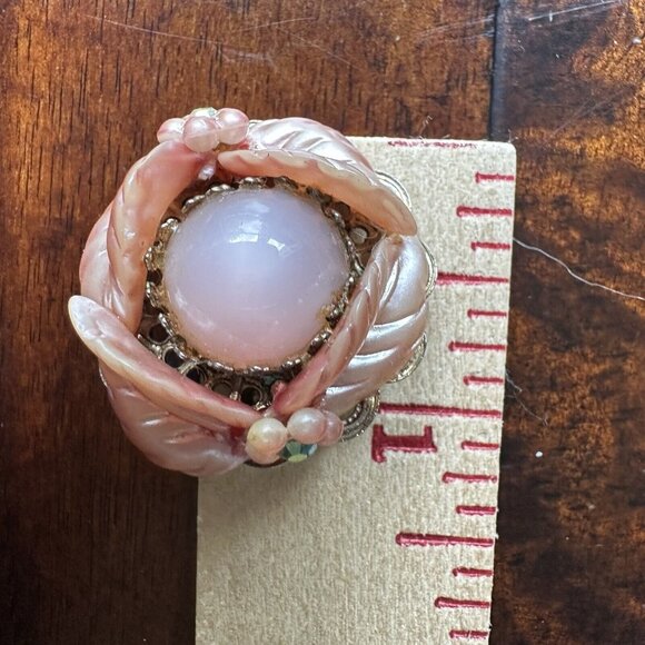 VTG Flower Earrings Pink Cab Jelly Belly Optic Glass Silver Tone Clip-On 1.25" - Picture 9 of 9